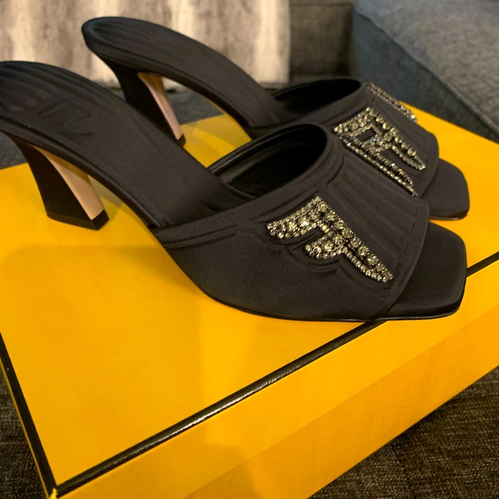 Fendi black and crystal satin mule heels.Beautiful,dressy or casual wear.